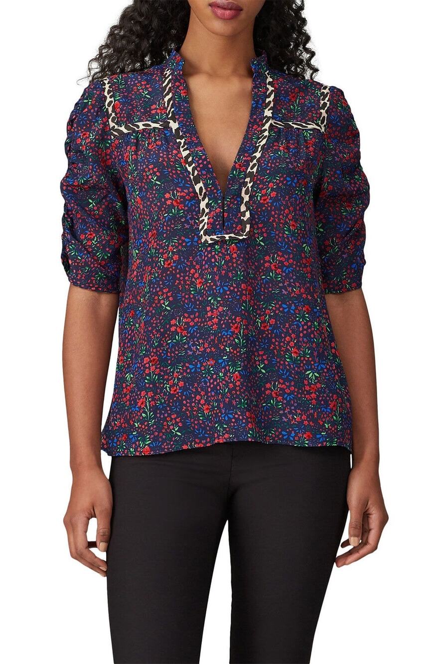 Nanette Lepore Ditsy Daze Blue Multi Floral Animal Print Ruched Sleeve Silk Top